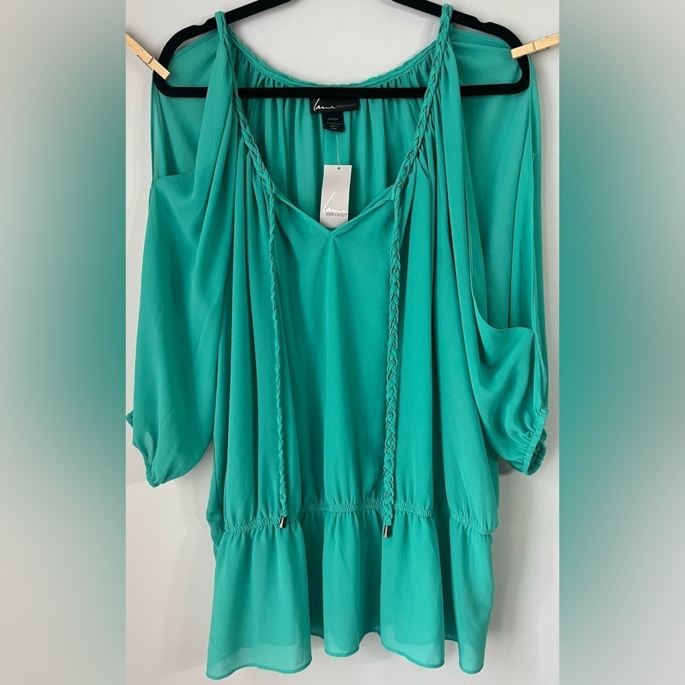 Lane Bryant sz 3X Retro Cold Shoulder Sheer Peplum Boho Braided Blouse